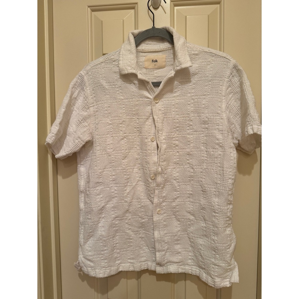 Folk Button Up Shirt Mens Small White Textured Cotton Short Sleeve Casual